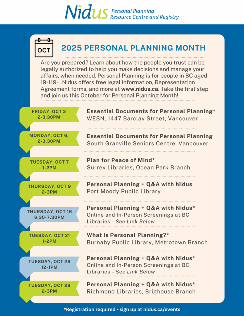 Poster describing Personal Planning Month events happening in October 2025 as presented by Nidus.