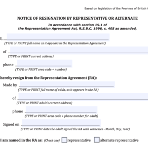 Partial view of a Notice of Resignation by Representative or Alternate form.
